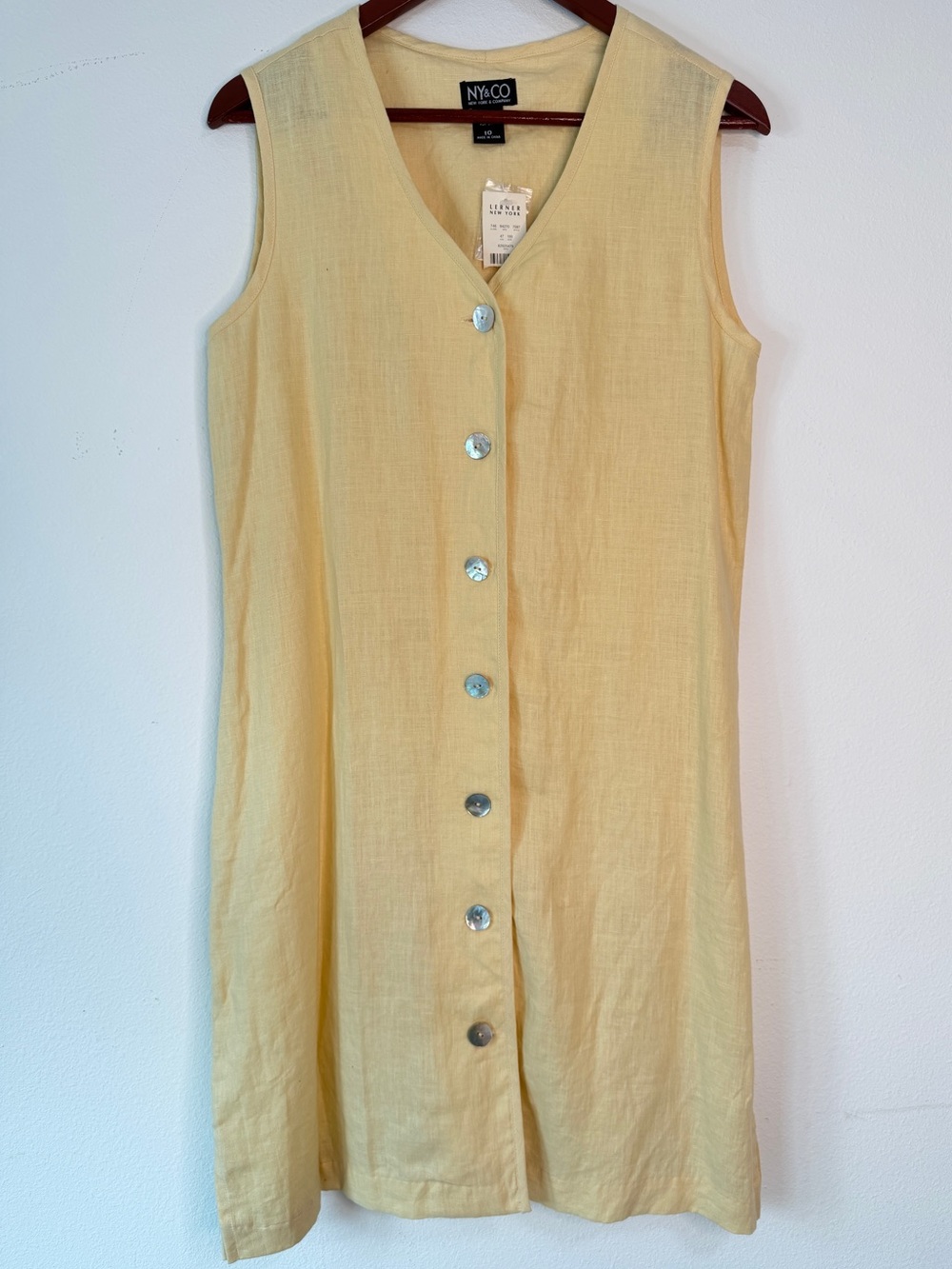 Vintage 90s Deadstock 100% Linen Mini Dress Button Front Butter Yellow Cottage